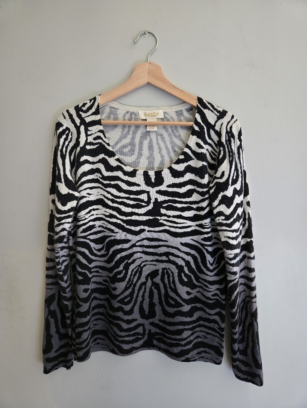 Peck & Peck Silk Cashmere Zebra Print Ombré Scoop Neck Sweater Size L Retro Glam